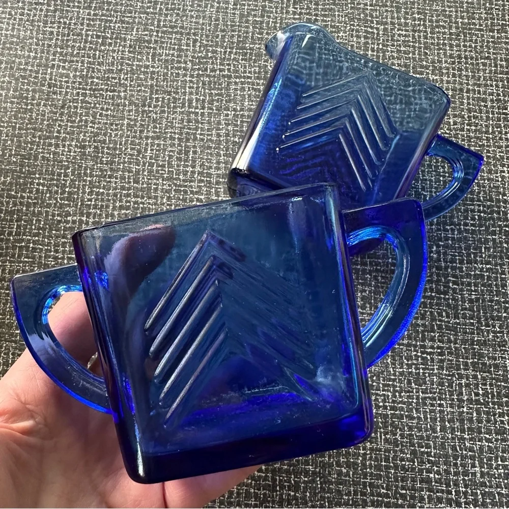 Vintage Hazel Atlas Chevron Cobalt Blue Creamer and Sugar Set
